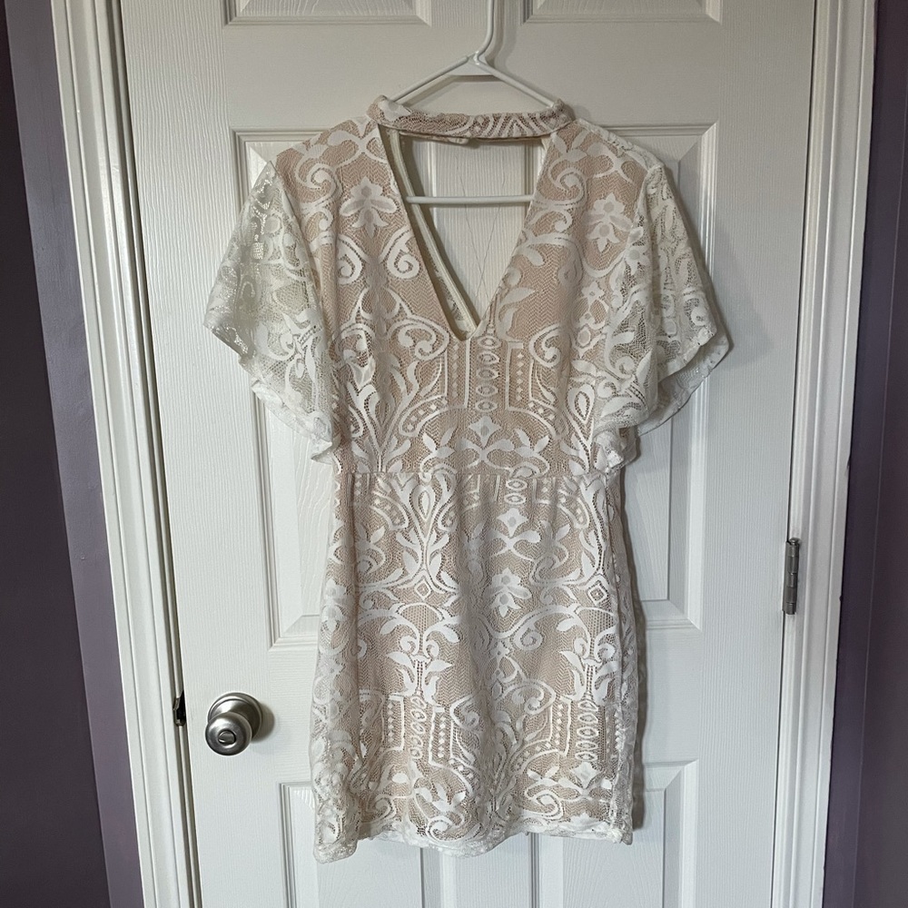 Cream and white lace plunging dress
